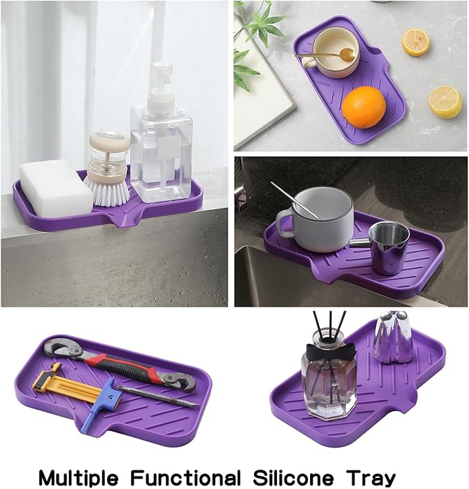 MicoYang Silicone Bathroom Soap Dishes with Drain Spout-Bathroom and Kitchen Sink Organizer,Sponge Holder,Dish Soap Tray,Perfect for Dispenser,Scrubber,Bottle,Cup on Sink or Counter-Purple 9.6"×5.3"