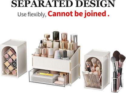 Makeup Organizer for Vanity with Brush Holder, Large Bathroom Countertop Cosmetic Organizer Skin Care Storage, Easy to Store Lipsticks, Nail Polishes, Perfumes (White+Transparent)