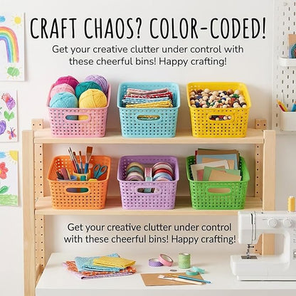 6-Pack Colorful Small Plastic Storage Weave Baskets, Versatile Shelf Organizer Woven Baskets for Classrooms, Children's Rooms & Pantries, 10x7.5x4 inch
