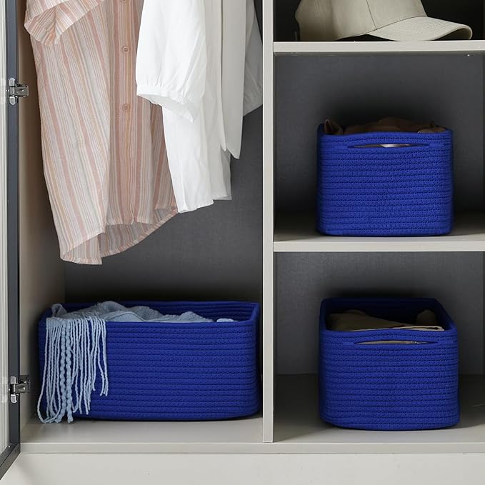 3-Pack Storage Baskets for Organizing | Woven Shelf Toy Basket | Rope Baskets for Gifts Empty | Closet Organizer Bins with Handles | Cube Decorative Box | 13.7×7.1×6.7” | Klein Blue