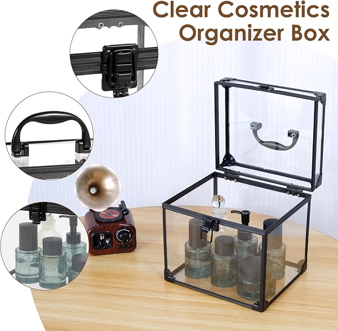 Crown Boxes for Pageants 7.9 X 6.7 X 7.5 In Clear Large capacity Makeup Train Case Cosmetic Case with Latches and Handle Toiletry Organizer Box Travel Makeup Tools Storage Organizer Box