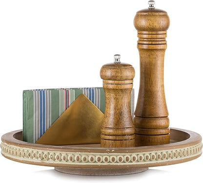 Hanobe Lazy Susan Centerpiece Tray: Round Wooden Turntable Organizer 12" for Dining Table Kitchen Counter Coffee Table Home Decor with Beaded Brown