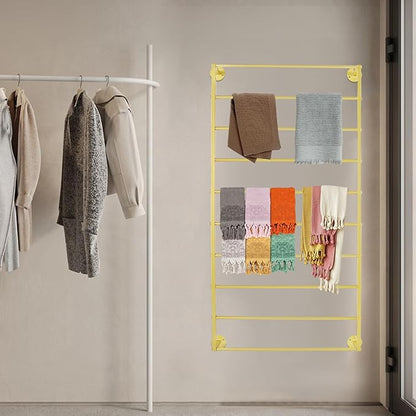 Wall Mounted Scarf Rack, 10 Tiers Display Ties & Scarf Storage Rack, Space-Saving Wrapping Paper Organizer Ribbon Holder Wall Display Rack for Flower Shops, Craft Room (Gold)