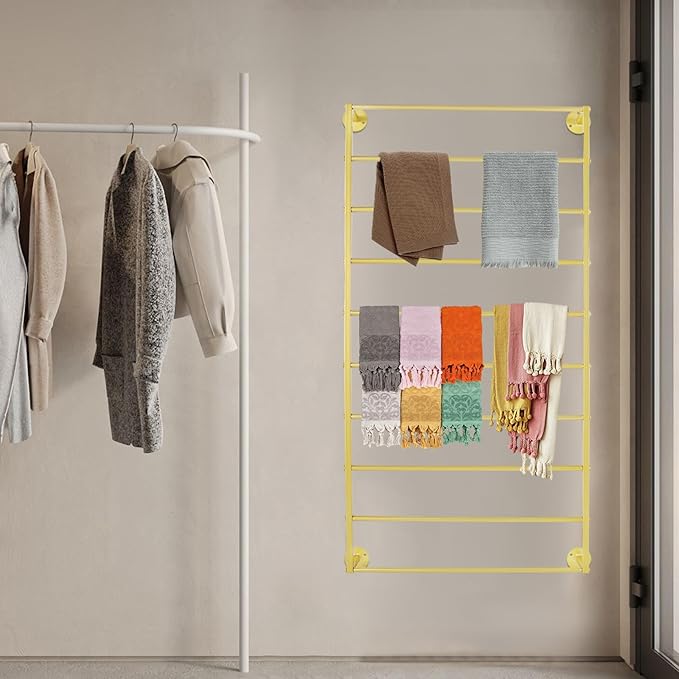 10 Tiers Tie & Scarf Rack, Wall Mounted Scarf Rack, Wall Display Rack, Multifunctional Metal Rack, Towels Storage Rack, Ribbon Holder Wall Display Rack for Accessory Stores Flower Shops (Gold)
