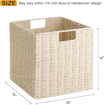 Vagusicc Wicker Storage Basket, Set of 2 Hand-Woven Paper Rope Wicker Baskets, Foldable Cube Storage Bins, Beige Storage Basket, Square Baskets for Organizing Shelves & Decor, Beige(13″×13″×13″)