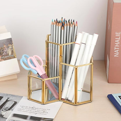 Hipiwe Glass Makeup Brush Holder 3 Slot Mirrored Gold Cosmetics Brush Organizer Eyeliners Display Case Vintage Decorative Makeup Storage Box Desktop Pen Pencil Pot, Large