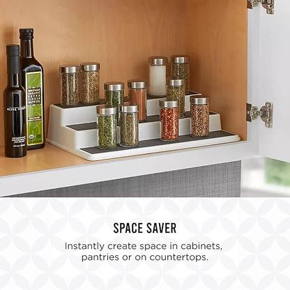 Copco Non-Skid 3-Tier Spice Rack Organizer for Cabinet - 10 Inch Kitchen Pantry Organizer with Raised Rims, White and Gray Step Shelf for Spices, Cans, Jars - Easy Clean Storage Solution