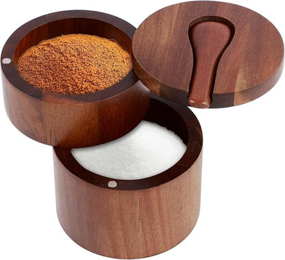 Acacia Wood Salt and Pepper Bowl, Double Layer Salt Cellar Box, Pepper Storage Box, Magnetic Rotatable Seasoning Container with Built in Spoon for Seasonings Spices