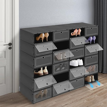 24Pcs Shoe Storage Box, Shoe Box Side Open, Clear Shoe Boxes Stackable, Plastic Stackable Shoe Storage Organizer, for Shoes, Including Sneakers, High Heels, Canvas Shoes, Boots, Etc (Black)