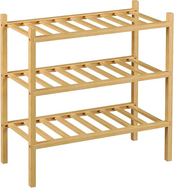 ROMGUAR CRAFT 3-Tier Bamboo Small Shoe Rack, Free Standing Wood Shoe Shelf Storage Organizer for Closet Entryway Stackable (Natural)