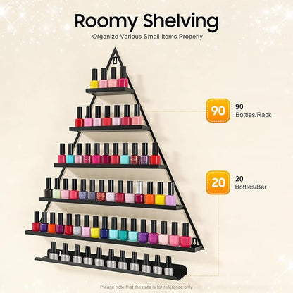 Elegant Gold Wall Mounted Nail Polish Rack - Set of 6 Triangular Cosmetic Display Shelves for Essential Oil Bottles, Organize Your Lipsticks and Perfumes in Style at Home or Salon (Black)