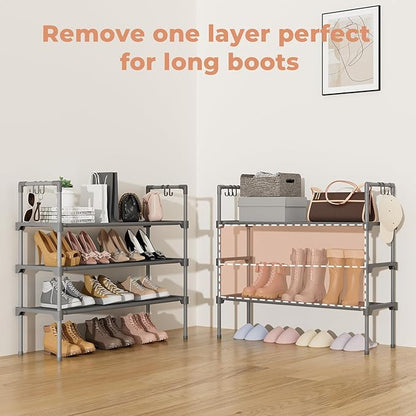 LANTEFUL 3 Tier Shoe Rack for Closet, Shoe Organizer with 5 Hooks, Long Shoe Shelf Storage for Shoe and Boot Stackable Free Standing Shoe Rack for Entryway, Garage, Small Spaces, Dorm, Grey