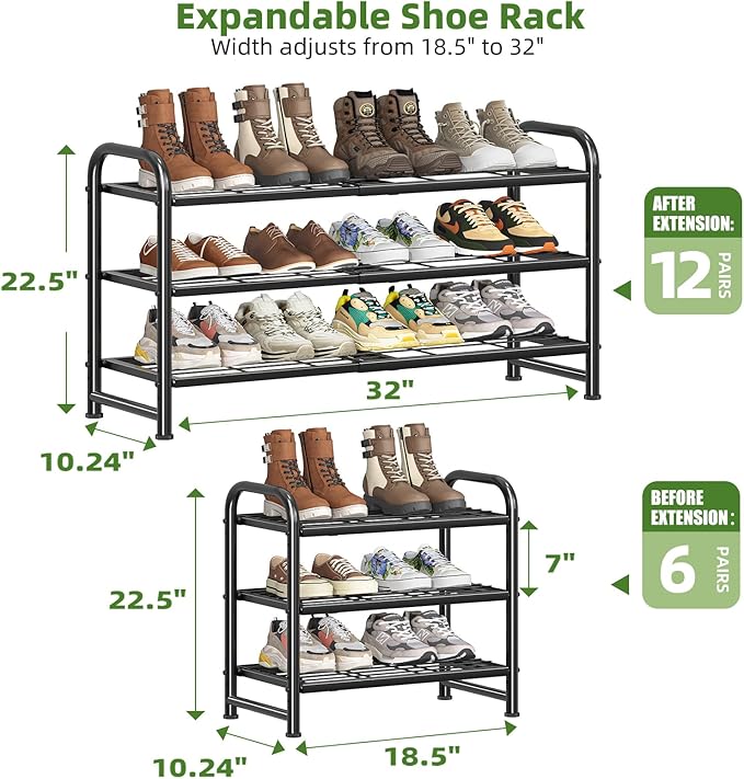 Simple Trending 3-Tier Expandable Shoe Rack, Adjustable & Stackable Shoe Organizer, Heavy Duty Metal Free Standing Shoe Shelf Storage for Closet Entryway Doorway, Black