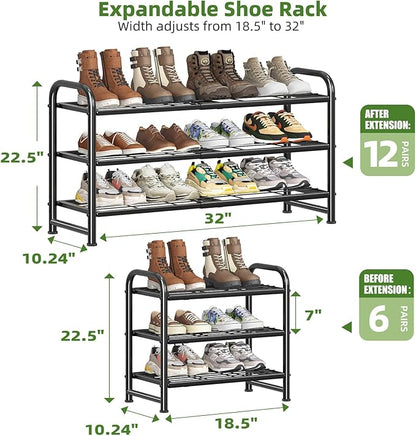 Simple Trending 3-Tier Expandable Shoe Rack, Adjustable & Stackable Shoe Organizer, Heavy Duty Metal Free Standing Shoe Shelf Storage for Closet Entryway Doorway, Black