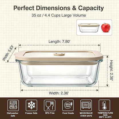5 Pack 35 oz Glass Meal Prep Containers, Plastic-Free Glass Food Storage Containers with Lids, 4.4 Cups Airtight Glass Lunch Containers for Leftovers, Microwave, Oven, Freezer and Dishwasher