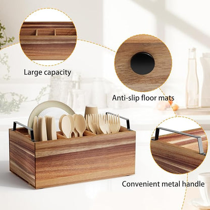Wooden Silverware Caddy Organizer, Acacia Wooden Silverware Holder, Utensil Holder for Party, Large 11“x6.7"x4"