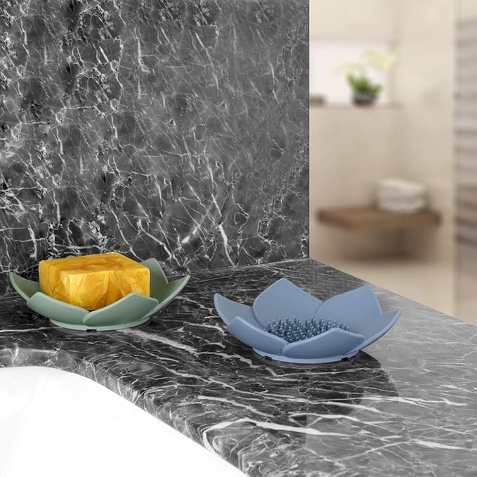 H&R 3 Pack Silicone Soap Holder, Bathroom Soap Tray with Drain, Lotus Shaped - Blue, Green, Grey