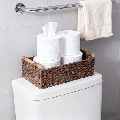 Brown Woven Bathroom Basket with Wood Handles — Toilet Paper Storage Organizer, Back of Toilet Wicker Basket, Dark Brown Boho Bathroom Decor Tray for Tank Top or Shelf