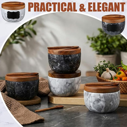 Marble Salt Cellar Set of 4 with Lid and Spoon, Natural Marble Spice Container Bowls with Acacia Wood Lids for Pepper Sugar Seasoning Storage, Kitchen Counter Pinch Bowl Set
