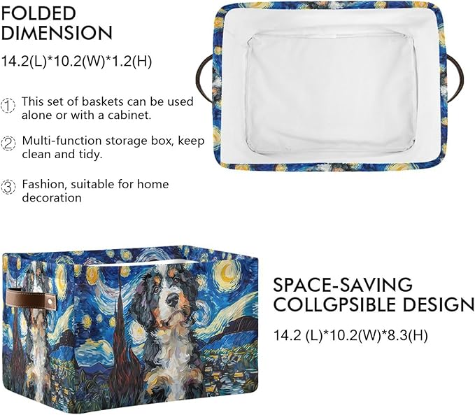 Large Storage Basket Berner Dog Starry Night Storage Bin Cube Canvas Fabric Organizer Handles Collapsible for Clothes Toys Bedroom Decorative
