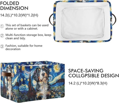 Large Storage Basket Berner Dog Starry Night Storage Bin Cube Canvas Fabric Organizer Handles Collapsible for Clothes Toys Bedroom Decorative
