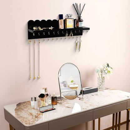 Wall Mount Jewelry Organizer with 26 Hooks and Cosmetics Shelf, Modern Wood Hanging Jewelry Holder for Necklaces, Bracelets, Earrings and Rings, Black