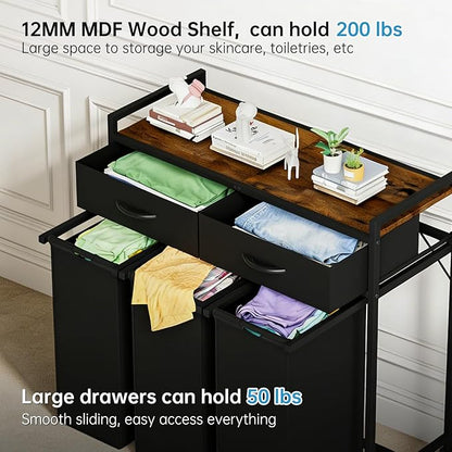 Laundry Sorter with 3 Section Pull Out Bags Rolling Laundry Basket Organizer with 2 Drawers Laundry Hamper with Shelves and Wheels for Laundry Room, Bathroom, Bedroom Organization (1 Tier)
