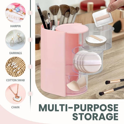 2 Pack Hair Accessories Organizer with Hair Brush Holder, 3-Tier Clear Rotatable Drawer Makeup Sponge Holder, Bathroom Qtip Cotton Swab/Pad/Ball Dispenser Jewelry Box (Pink)