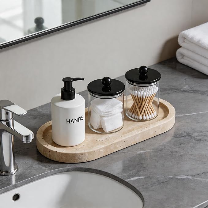 Natural Travertine Vanity Tray Waterproof Italy Marble Bathroom Organizer for Perfume, Candles & Jewelry Non-Slip Oval Storage Tray for Spa, Bedroom, Kitchen 9.8" x 4.5" Beige (WH028)