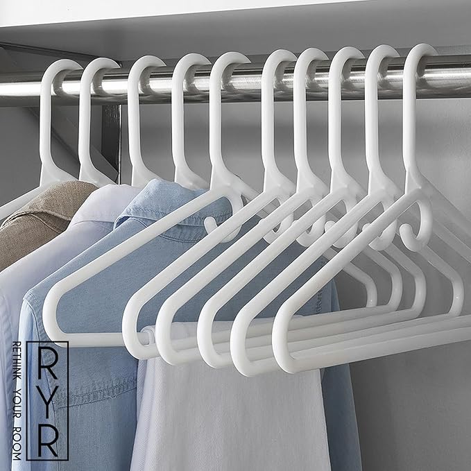 Clothes Hangers 10 Pack Plastic - Heavy Duty Space Saving Coat, Pant Hangers for Closet Organization - Durable Non-Slip, White Wardrobe Essentials Bulk Storage