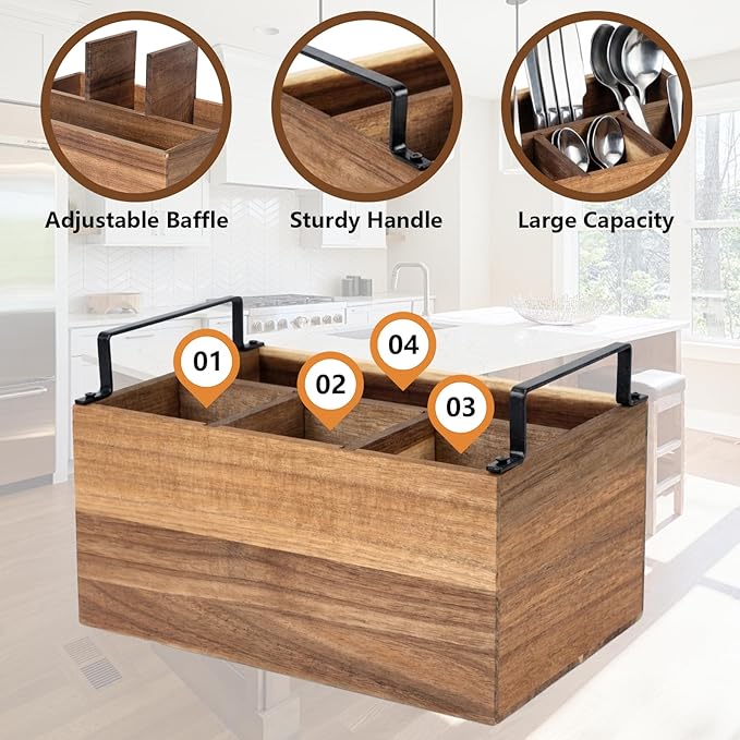 Wooden Silverware Caddy with Detachable Handles, Wood Utensil Silverware Holder for Party, Flatware Caddy Organizer for Kitchen and Office