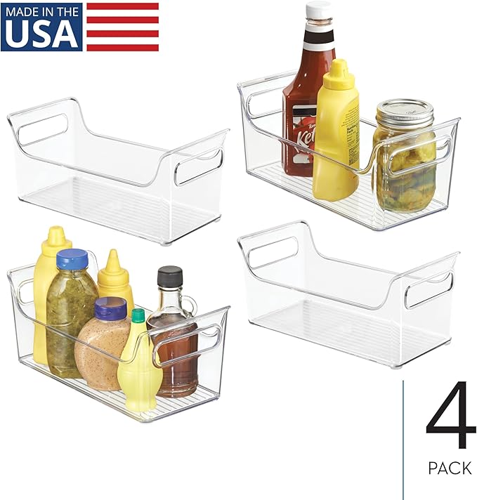 iDesign Condiment Organizer for Fridge - Plastic Fridge Organizer Bins with Handles, Set of 4, Clear