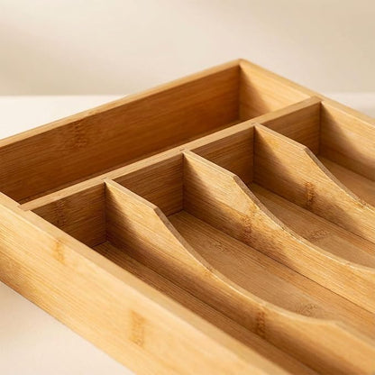 Krismax Bamboo Silverware Drawer Organizer，5 slots Wood Storage Containers, Junk Drawer Divider Organzers, Untensils Cutlery Tray, Kitchen Flatware