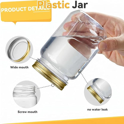 novelinks 16 oz Clear Plastic Jars with Lids, Refillable 16oz Mason Jars with Lids & Storage Containers for Kitchen & Household Use (5 Pack,Gold)