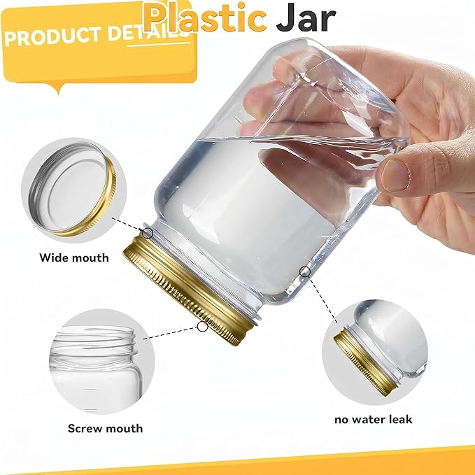novelinks 16 oz Clear Plastic Jars with Lids, Refillable 16oz Mason Jars with Lids & Storage Containers for Kitchen & Household Use (20 Pack,Gold)