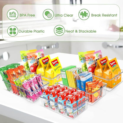 ZIZOTI Snack Organizer for Pantry Shelf, 2 Pack Clear Plastic Pantry Storage Bins with 3 Dividers for Snacks, Spices, Chips Food Organizer, Stackable Pantry Organizers for Kitchen, Fridge, Cabinet