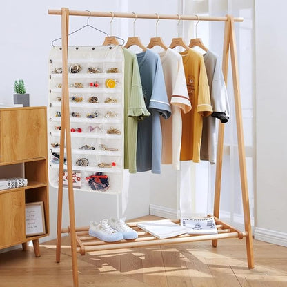 ass Organizer Storage, Dual-sided Hanging Sunglasses Holder Wall with 16 Pockets Jewelry Organizer and 16 Hooks Necklace Holder Organizer - Beige