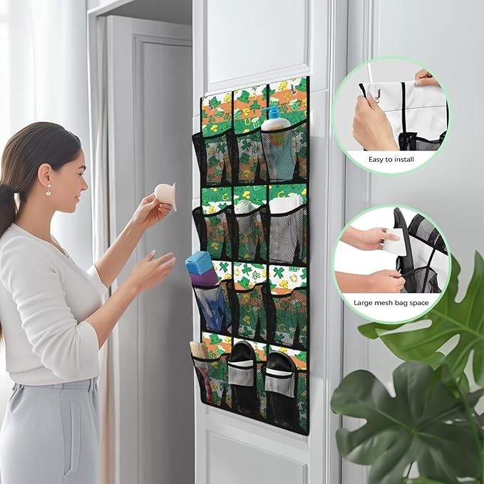 12-Compartment Over The Door Hanging Storage Bag, Waterproof Dirt-Resistant and Easy to Fold for Compact Storage, Lucky Leaf Green Hat Gold Coins Horseshoe Irish Flag