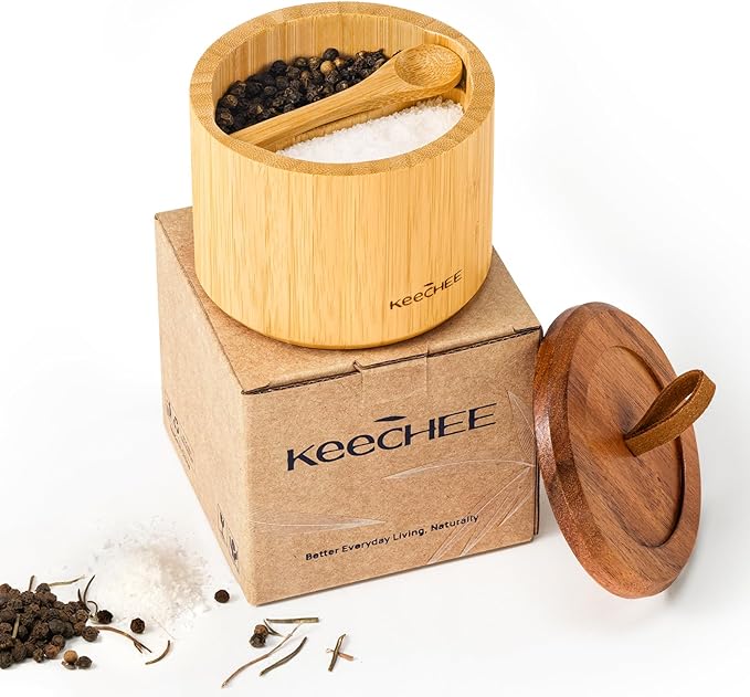 keechee Bamboo Salt Cellar with Acacia Lid & Spoon, 7oz Capacity with Built-In Spoon Slot & Labels, Two-Tone Countertop Seasoning Container (Dual Compartment (Divided) - 1 Pack)