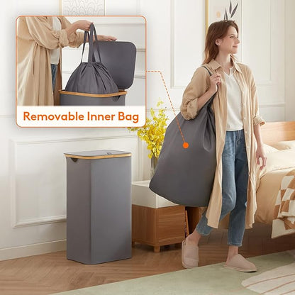 Lifewit 100L Laundry Basket with Lid, Clothes Hampers for Laundry with Bamboo Handles and 1 Removable Bag, Large Foldable Laundry Hamper for Bedroom, Bathroom, Dorm, Laundry Room, Gray