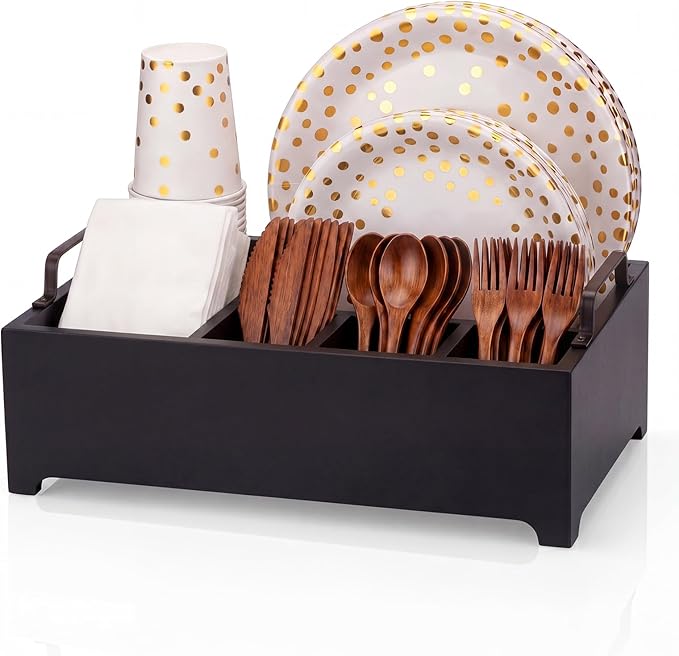 LemonRoad Wood Paper Plate Dispenser Rustic Silverware Utensil Caddy Cutlery Flatware Organizer with Handles 6 Compartments for Countertop Party Picnic Camping Buffet Kitchen Accessories(Black)