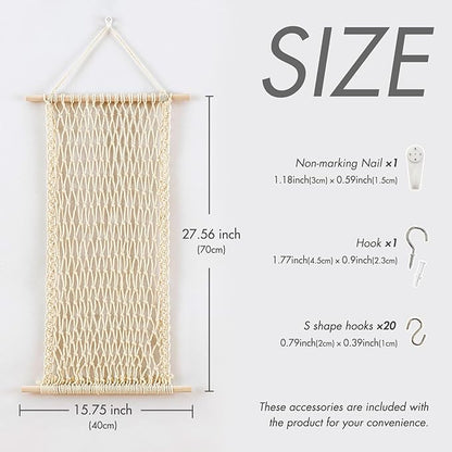 Pretty Jolly Hanging Jewelry Mesh Organizer Macrame Wall Mounted Necklaces Storage Earring Display Rack Girls Hair Clips Hanger with 20 Pieces S Shape Hooks for Bracelets,Necklace and Rings(Yellow)
