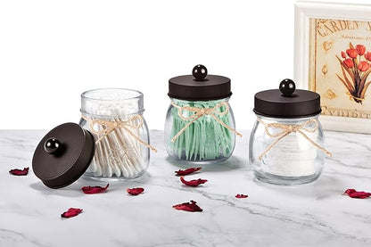 SheeChung 6 Pack Qtip Holders with Labels, Bathroom Organizers and Storage, Bathroom Decor, Apothecary Jars with Lids, Small Mason Jars for Qtips, Cottons, Floss, Balls, Cotton Swabs-Bronze