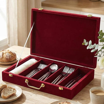 Pickmesh Silverware Case with Lid and Handle, Silverware Storage Box Sterling Silver Flatware Chest Without Silver Tarnish Proof Utensils Organizer for Kitchen Decor Wedding Gifts(Burgundy,1 Layer)