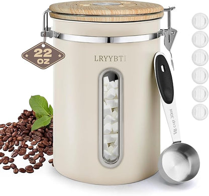 Coffee Canisters with Window,Scoop and Airtight Lid Stainless Steel Kitchen Bean Storage Grounds Container Date Tracker and Scoop for Grounds Coffee Bar Accessories (Cream+window, 22 oz)