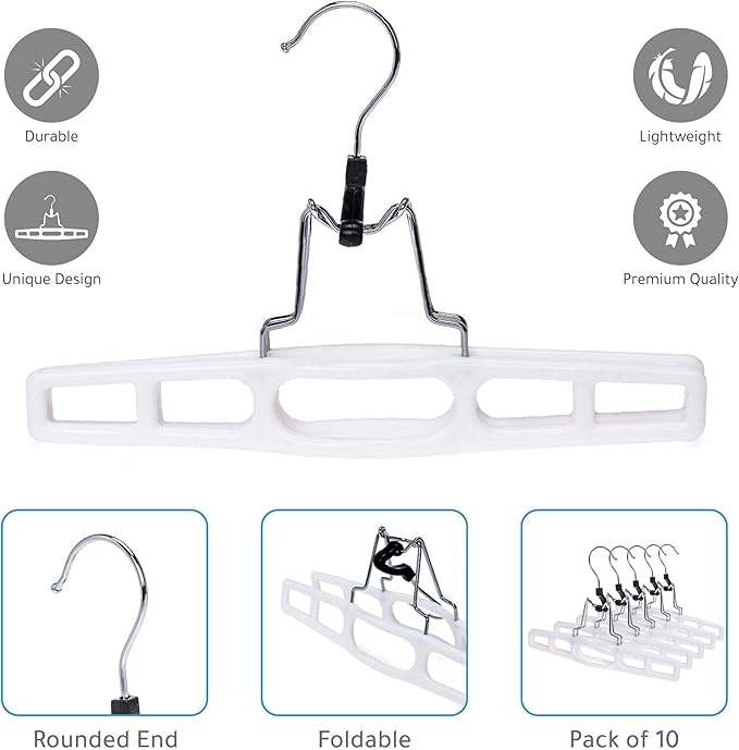 Quality Hangers 10 Pack Premium Skirt Hangers - Thin Space Saving Pant Hangers Set with Clamp, Shorts Hangers with Heavy Duty Locking Clasp, Multipurpose Jean Hangers Set - White