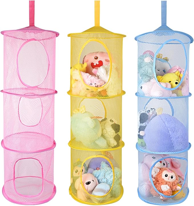 ChezMax Hanging Mesh Stuffed Animal Storage - 3 Tiers 3 Pack Large Stuffed Animal Net Organizer, Foldable Space Saver Bags Plushie Basket Organization Holder Room Bedroom Playroom Yellow Blue Pink