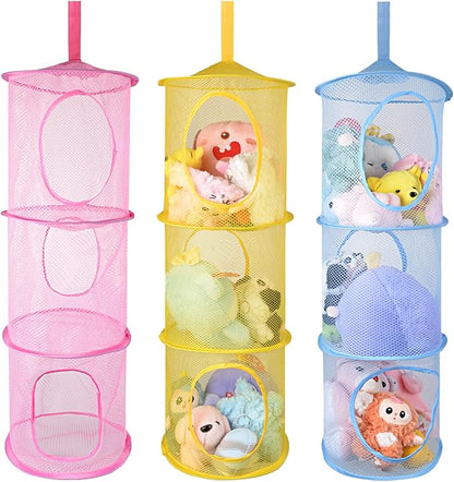 ChezMax Hanging Mesh Stuffed Animal Storage - 3 Tiers 3 Pack Large Stuffed Animal Net Organizer, Foldable Space Saver Bags Plushie Basket Organization Holder Room Bedroom Playroom Yellow Blue Pink