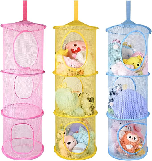 ChezMax Hanging Mesh Stuffed Animal Storage - 3 Tiers 3 Pack Large Stuffed Animal Net Organizer, Foldable Space Saver Bags Plushie Basket Organization Holder Room Bedroom Playroom Yellow Blue Pink
