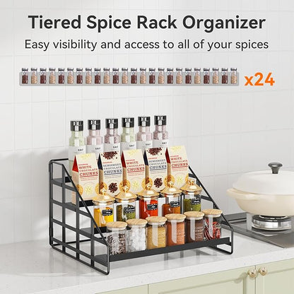 Bunoxea Spice Rack 4 Tier Kitchen Cabinet Organizer,Countertop Spice Rack,Tier Depth Adjustable Cabinet Shelf,Step Spice Organization Easy Visibility,Holds Seasoning and Condiments 2Pack